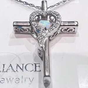 Radiant Silver Heart Cross Necklace OS | Brilliance Fine Jewelry, Opal Accent